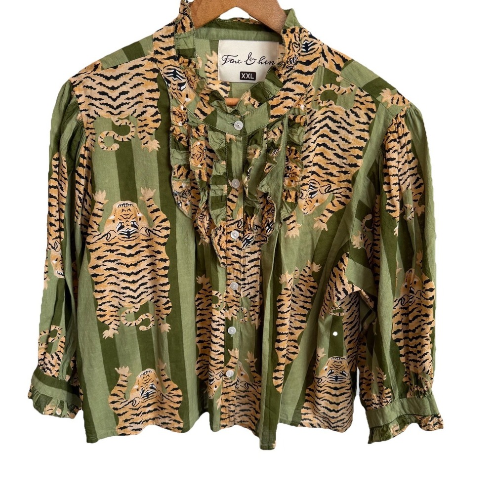 Fox & Hen Ruffle Tiger Blouse Womens Sz XXL Shirt Cottagecore Boho Top